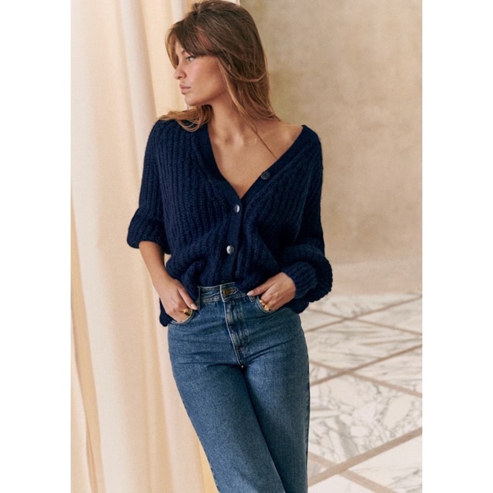 La Maille Sezane Basile Cardigan Navy Sz M Alpaca Wool Quiet Luxury Preppy $175
